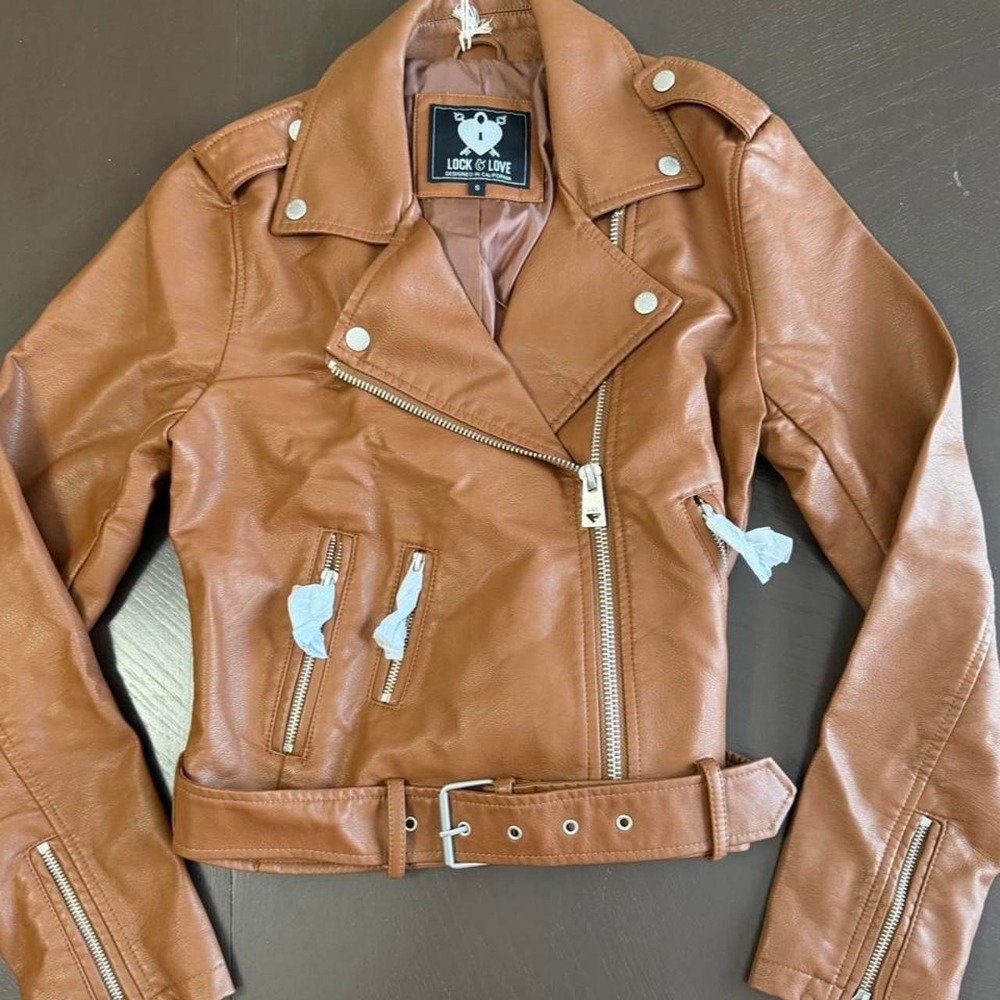 Y2K Lock & Love Cognac Faux Leather Moto Jacket Belted Biker Coat Size S